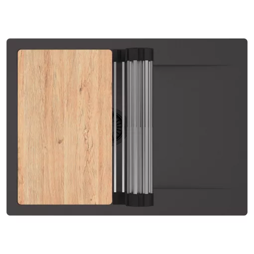 HD Onyx Antracit 68-XL egymedencés gránit mosogatótálca szett, csepegtetőtálcával, vágódeszkával, acél csepegtetőráccsal, matt antracit színben, matt fekete leeresztő szifonnal