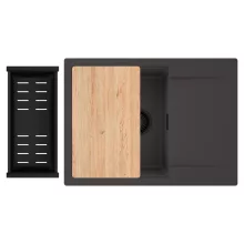 HD Onyx Antracit 68-XL egymedencés gránit mosogatótálca szett, csepegtetőtálcával, vágódeszkával, matt fekete csepegtetőkosárral, matt antracit színben, matt fekete leeresztő szifonnal