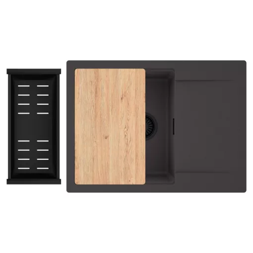 HD Onyx Antracit 68-XL egymedencés gránit mosogatótálca szett, csepegtetőtálcával, vágódeszkával, matt fekete csepegtetőkosárral, matt antracit színben, matt fekete leeresztő szifonnal