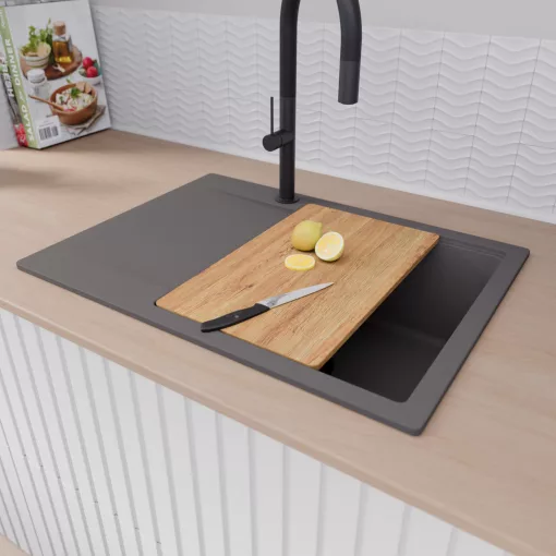 HD Onyx Antracit 68-XL egymedencés gránit mosogatótálca szett, csepegtetőtálcával, vágódeszkával, matt fekete csepegtetőkosárral, matt antracit színben, matt fekete leeresztő szifonnal