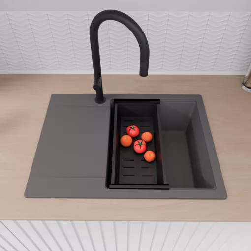 HD Onyx Antracit 68-XL egymedencés gránit mosogatótálca szett, csepegtetőtálcával, vágódeszkával, matt fekete csepegtetőkosárral, matt antracit színben, matt fekete leeresztő szifonnal