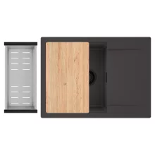 HD Onyx Antracit 68-XL egymedencés gránit mosogatótálca szett, csepegtetőtálcával, vágódeszkával, acél csepegtetőkosárral, matt antracit színben, matt fekete leeresztő szifonnal