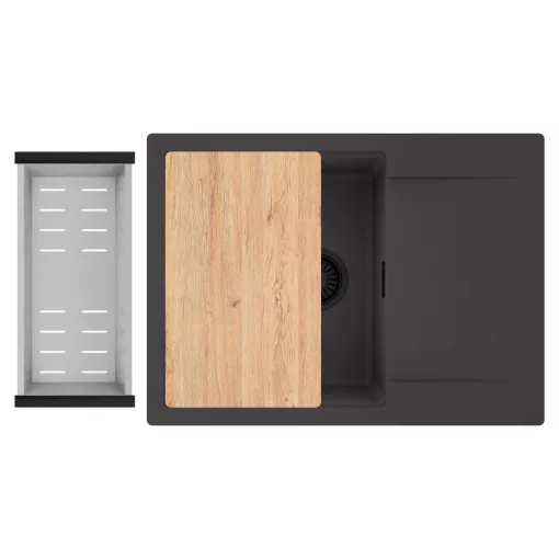HD Onyx Antracit 68-XL egymedencés gránit mosogatótálca szett, csepegtetőtálcával, vágódeszkával, acél csepegtetőkosárral, matt antracit színben, matt fekete leeresztő szifonnal