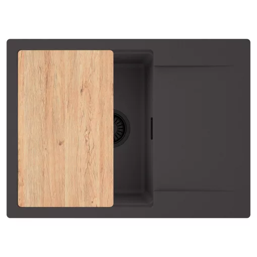 HD Onyx Antracit 68-XL egymedencés gránit mosogatótálca, vágódeszkával, matt antracit színben, matt fekete leeresztő szifonnal