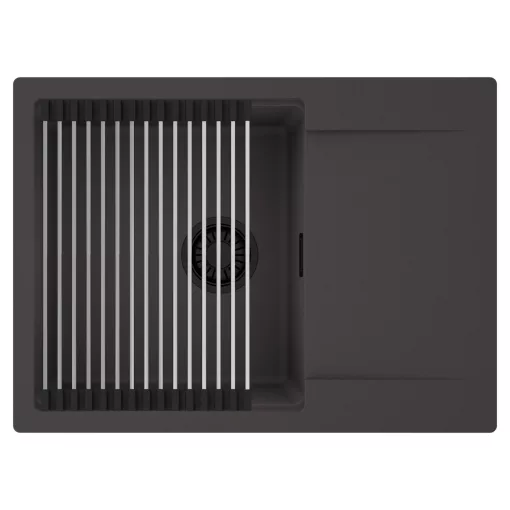 HD Onyx Antracit 68-XL egymedencés mosogatótálca szett, acél csepegtetőráccsal, csepegtetőtálcával, matt antracit színben, matt fekete leeresztő szifonnal