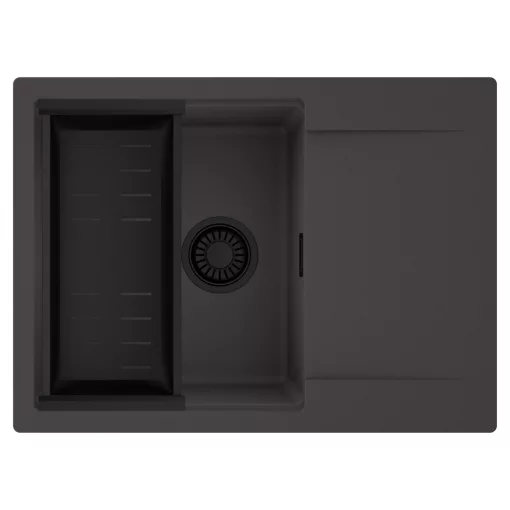 HD Onyx Antracit 68-XL egymedencés mosogatótálca szett, matt fekete csepegtetőkosárral, csepegtetőtálcával, matt antracit színben, matt fekete leeresztő szifonnal