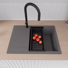 HD Onyx Antracit 68-XL egymedencés mosogatótálca szett, matt fekete csepegtetőkosárral, csepegtetőtálcával, matt antracit színben, matt fekete leeresztő szifonnal