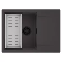 HD Onyx Antracit 68-XL egymedencés mosogatótálca szett, acél csepegtetőkosárral, csepegtetőtálcával, matt antracit színben, matt fekete leeresztő szifonnal