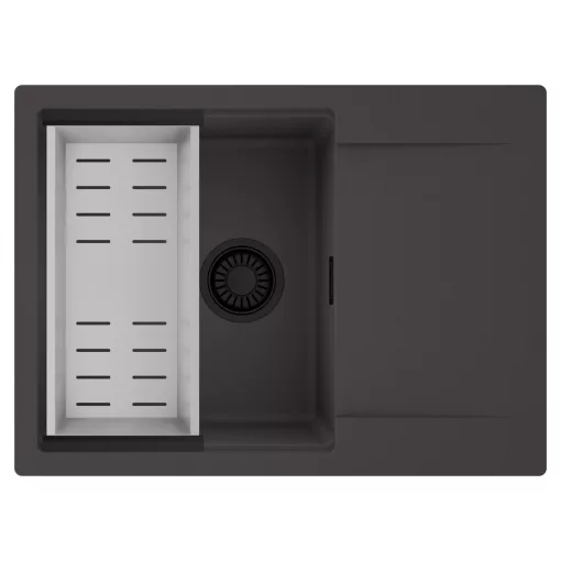 HD Onyx Antracit 68-XL egymedencés mosogatótálca szett, acél csepegtetőkosárral, csepegtetőtálcával, matt antracit színben, matt fekete leeresztő szifonnal