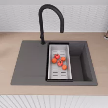 HD Onyx Antracit 68-XL egymedencés mosogatótálca szett, acél csepegtetőkosárral, csepegtetőtálcával, matt antracit színben, matt fekete leeresztő szifonnal