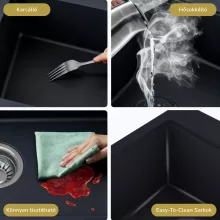 HD Onyx Antracit 68-XL egymedencés mosogatótálca, csepegtetőtálcával, matt antracit színben, matt fekete leeresztő szifonnal