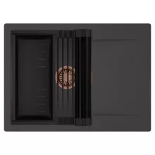 HD Onyx Antracit 68-XL egymedencés mosogatótálca szett, matt fekete csepegtetőráccsal és kosárral, csepegtetőtálcával, matt antracit színben, szálcsiszolt réz leeresztő szifonnal