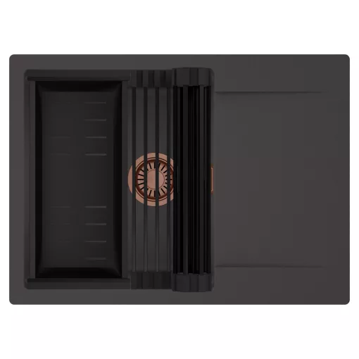 HD Onyx Antracit 68-XL egymedencés mosogatótálca szett, matt fekete csepegtetőráccsal és kosárral, csepegtetőtálcával, matt antracit színben, szálcsiszolt réz leeresztő szifonnal