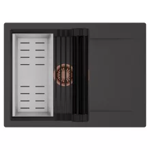 HD Onyx Antracit 68-XL egymedencés mosogatótálca szett, matt fekete csepegtetőráccsal és krómozott kosárral, csepegtetőtálcával, matt antracit színben, szálcsiszolt réz leeresztő szifonnal