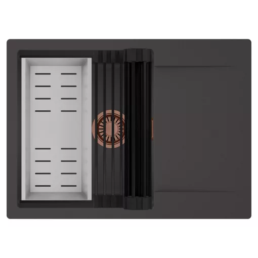 HD Onyx Antracit 68-XL egymedencés mosogatótálca szett, matt fekete csepegtetőráccsal és krómozott kosárral, csepegtetőtálcával, matt antracit színben, szálcsiszolt réz leeresztő szifonnal