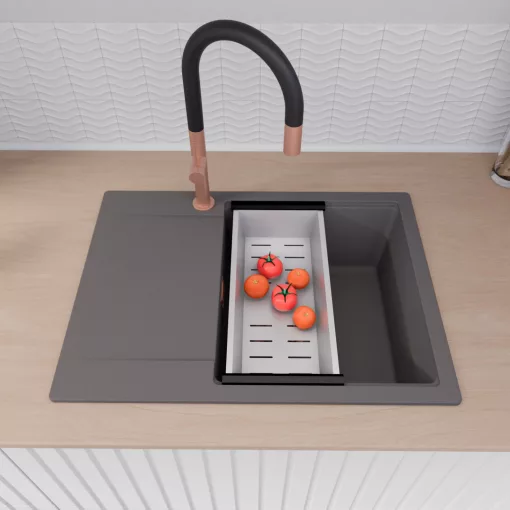 HD Onyx Antracit 68-XL egymedencés mosogatótálca szett, matt fekete csepegtetőráccsal és krómozott kosárral, csepegtetőtálcával, matt antracit színben, szálcsiszolt réz leeresztő szifonnal