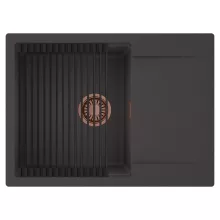 HD Onyx Antracit 68-XL egymedencés mosogatótálca szett, matt fekete csepegtetőráccsal, csepegtetőtálcával, matt antracit színben, szálcsiszolt réz leeresztő szifonnal