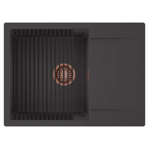 HD Onyx Antracit 68-XL egymedencés mosogatótálca szett, matt fekete csepegtetőráccsal, csepegtetőtálcával, matt antracit színben, szálcsiszolt réz leeresztő szifonnal