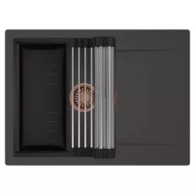 HD Onyx Antracit 68-XL egymedencés mosogatótálca szett, acél csepegtetőráccsal és matt fekete kosárral, csepegtetőtálcával, matt antracit színben, szálcsiszolt réz leeresztő szifonnal