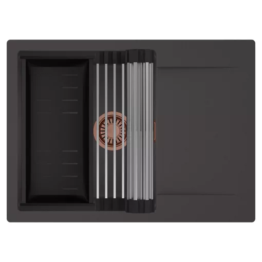 HD Onyx Antracit 68-XL egymedencés mosogatótálca szett, acél csepegtetőráccsal és matt fekete kosárral, csepegtetőtálcával, matt antracit színben, szálcsiszolt réz leeresztő szifonnal