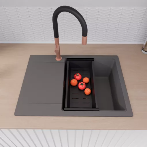 HD Onyx Antracit 68-XL egymedencés mosogatótálca szett, acél csepegtetőráccsal és matt fekete kosárral, csepegtetőtálcával, matt antracit színben, szálcsiszolt réz leeresztő szifonnal