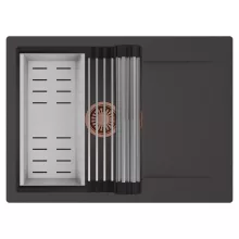 HD Onyx Antracit 68-XL egymedencés mosogatótálca szett, acél csepegtetőráccsal és kosárral, csepegtetőtálcával, matt antracit színben, szálcsiszolt réz leeresztő szifonnal