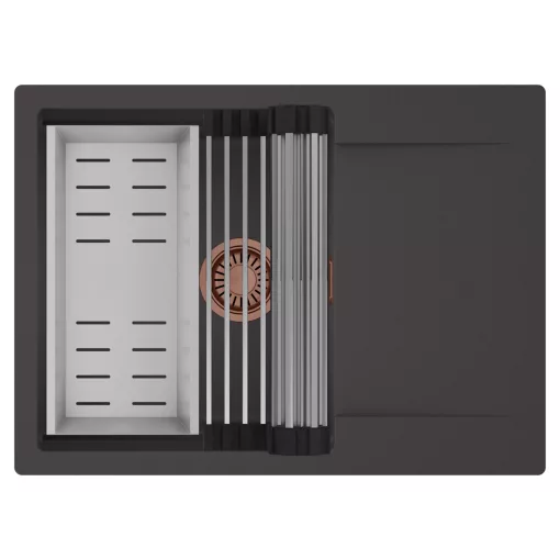 HD Onyx Antracit 68-XL egymedencés mosogatótálca szett, acél csepegtetőráccsal és kosárral, csepegtetőtálcával, matt antracit színben, szálcsiszolt réz leeresztő szifonnal