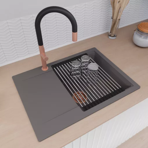 HD Onyx Antracit 68-XL egymedencés mosogatótálca szett, acél csepegtetőráccsal és kosárral, csepegtetőtálcával, matt antracit színben, szálcsiszolt réz leeresztő szifonnal