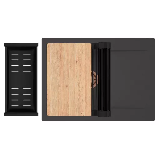 HD Onyx Antracit 68-XL egymedencés gránit mosogatótálca szett, csepegtetőtálcával, vágódeszkával, matt fekete csepegtetőráccsal és kosárral, matt antracit színben, szálcsiszolt réz leeresztő szifonnal