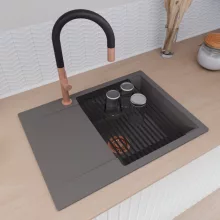 HD Onyx Antracit 68-XL egymedencés gránit mosogatótálca szett, csepegtetőtálcával, vágódeszkával, matt fekete csepegtetőráccsal és kosárral, matt antracit színben, szálcsiszolt réz leeresztő szifonnal