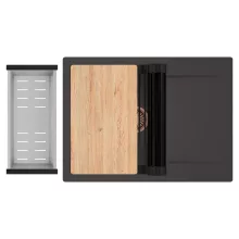 HD Onyx Antracit 68-XL egymedencés gránit mosogatótálca szett, csepegtetőtálcával, vágódeszkával, matt fekete csepegtetőráccsal és krómozott kosárral, matt antracit színben, szálcsiszolt réz leeresztő szifonnal