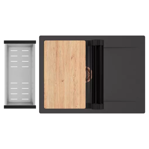 HD Onyx Antracit 68-XL egymedencés gránit mosogatótálca szett, csepegtetőtálcával, vágódeszkával, matt fekete csepegtetőráccsal és krómozott kosárral, matt antracit színben, szálcsiszolt réz leeresztő szifonnal