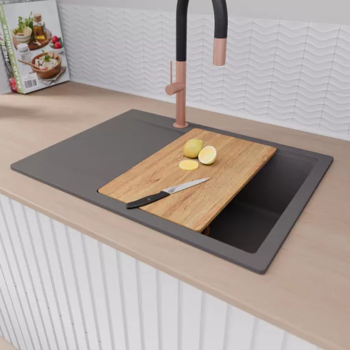 HD Onyx Antracit 68-XL egymedencés gránit mosogatótálca szett, csepegtetőtálcával, vágódeszkával, matt fekete csepegtetőráccsal és krómozott kosárral, matt antracit színben, szálcsiszolt réz leeresztő szifonnal