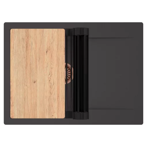 HD Onyx Antracit 68-XL egymedencés gránit mosogatótálca szett, csepegtetőtálcával, vágódeszkával, matt fekete csepegtetőráccsal, matt antracit színben, szálcsiszolt réz leeresztő szifonnal