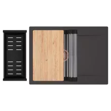 HD Onyx Antracit 68-XL egymedencés gránit mosogatótálca szett, csepegtetőtálcával, vágódeszkával, acél csepegtetőráccsal és matt fekete kosárral, matt antracit színben, szálcsiszolt réz leeresztő szifonnal