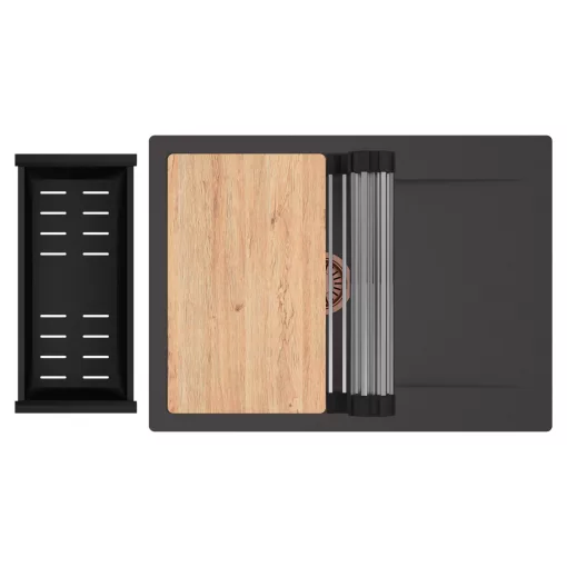 HD Onyx Antracit 68-XL egymedencés gránit mosogatótálca szett, csepegtetőtálcával, vágódeszkával, acél csepegtetőráccsal és matt fekete kosárral, matt antracit színben, szálcsiszolt réz leeresztő szifonnal