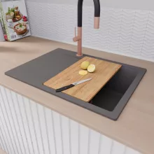 HD Onyx Antracit 68-XL egymedencés gránit mosogatótálca szett, csepegtetőtálcával, vágódeszkával, acél csepegtetőráccsal és matt fekete kosárral, matt antracit színben, szálcsiszolt réz leeresztő szifonnal