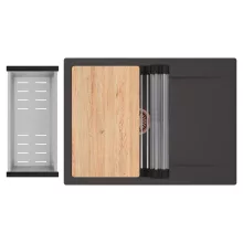 HD Onyx Antracit 68-XL egymedencés gránit mosogatótálca szett, csepegtetőtálcával, vágódeszkával, acél csepegtetőráccsal és kosárral, matt antracit színben, szálcsiszolt réz leeresztő szifonnal