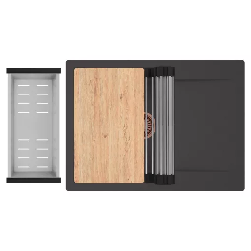 HD Onyx Antracit 68-XL egymedencés gránit mosogatótálca szett, csepegtetőtálcával, vágódeszkával, acél csepegtetőráccsal és kosárral, matt antracit színben, szálcsiszolt réz leeresztő szifonnal