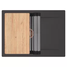 HD Onyx Antracit 68-XL egymedencés gránit mosogatótálca szett, csepegtetőtálcával, vágódeszkával, acél csepegtetőráccsal, matt antracit színben, szálcsiszolt réz leeresztő szifonnal