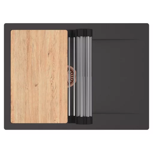 HD Onyx Antracit 68-XL egymedencés gránit mosogatótálca szett, csepegtetőtálcával, vágódeszkával, acél csepegtetőráccsal, matt antracit színben, szálcsiszolt réz leeresztő szifonnal