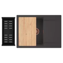 HD Onyx Antracit 68-XL egymedencés gránit mosogatótálca szett, csepegtetőtálcával, vágódeszkával, matt fekete csepegtetőkosárral, matt antracit színben, szálcsiszolt réz leeresztő szifonnal