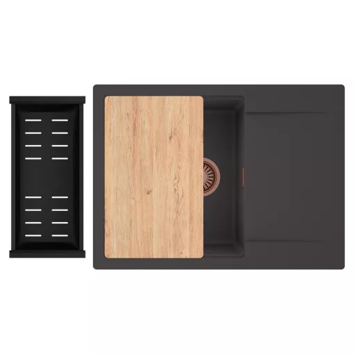 HD Onyx Antracit 68-XL egymedencés gránit mosogatótálca szett, csepegtetőtálcával, vágódeszkával, matt fekete csepegtetőkosárral, matt antracit színben, szálcsiszolt réz leeresztő szifonnal
