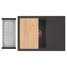 HD Onyx Antracit 68-XL egymedencés gránit mosogatótálca szett, csepegtetőtálcával, vágódeszkával, acél csepegtetőkosárral, matt antracit színben, szálcsiszolt réz leeresztő szifonnal