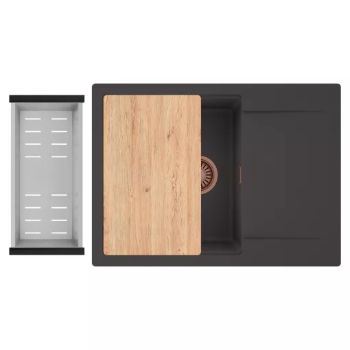 HD Onyx Antracit 68-XL egymedencés gránit mosogatótálca szett, csepegtetőtálcával, vágódeszkával, acél csepegtetőkosárral, matt antracit színben, szálcsiszolt réz leeresztő szifonnal