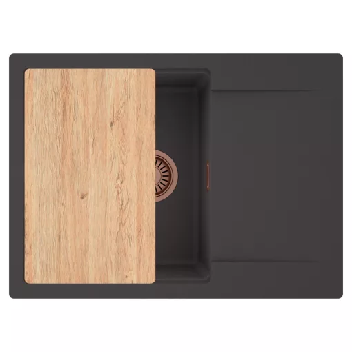 HD Onyx Antracit 68-XL egymedencés gránit mosogatótálca, vágódeszkával, matt antracit színben, szálcsiszolt réz leeresztő szifonnal