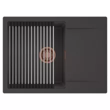 HD Onyx Antracit 68-XL egymedencés mosogatótálca szett, acél csepegtetőráccsal, csepegtetőtálcával, matt antracit színben, szálcsiszolt réz leeresztő szifonnal