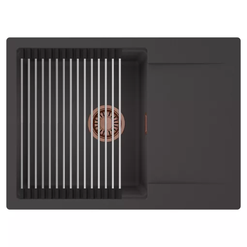 HD Onyx Antracit 68-XL egymedencés mosogatótálca szett, acél csepegtetőráccsal, csepegtetőtálcával, matt antracit színben, szálcsiszolt réz leeresztő szifonnal