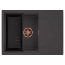 HD Onyx Antracit 68-XL egymedencés mosogatótálca szett, matt fekete csepegtetőkosárral, csepegtetőtálcával, matt antracit színben, szálcsiszolt réz leeresztő szifonnal