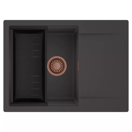 HD Onyx Antracit 68-XL egymedencés mosogatótálca szett, matt fekete csepegtetőkosárral, csepegtetőtálcával, matt antracit színben, szálcsiszolt réz leeresztő szifonnal